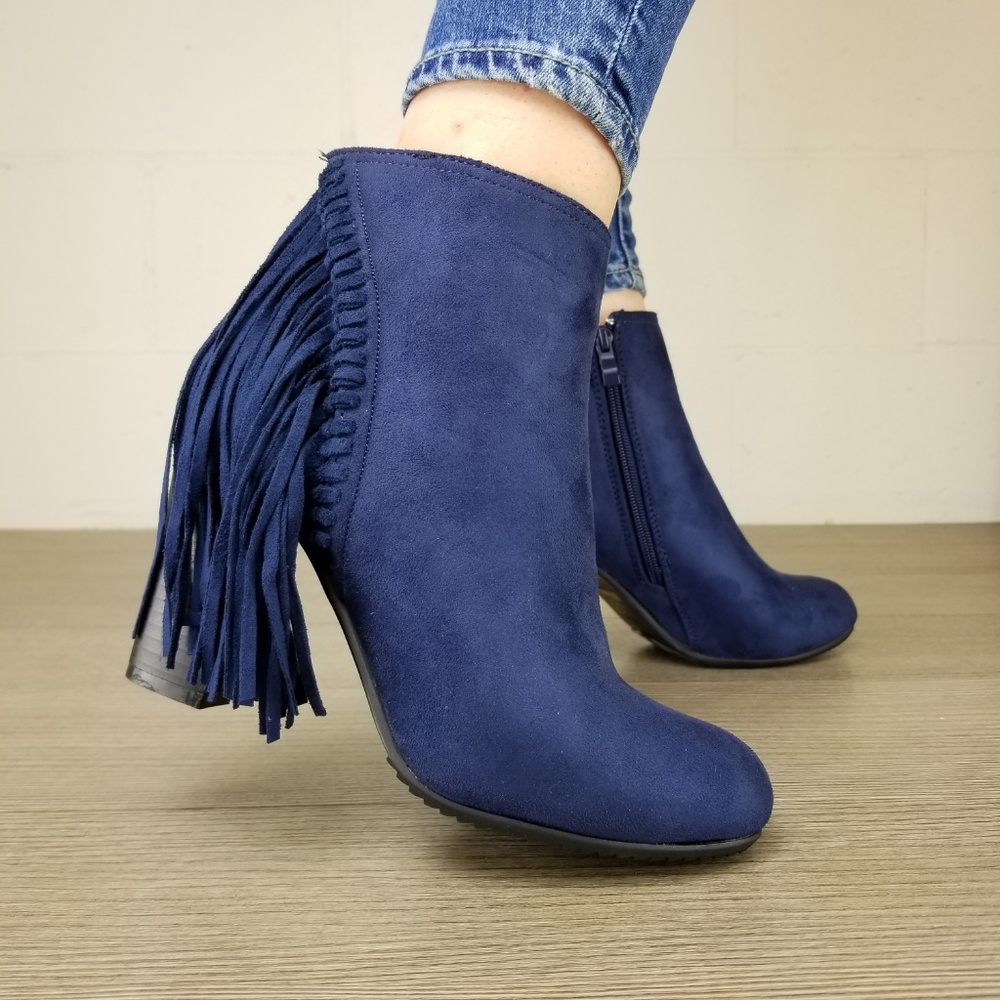 Navy Vegan Suede Apache Tassels Boots - Picture 2 of 7